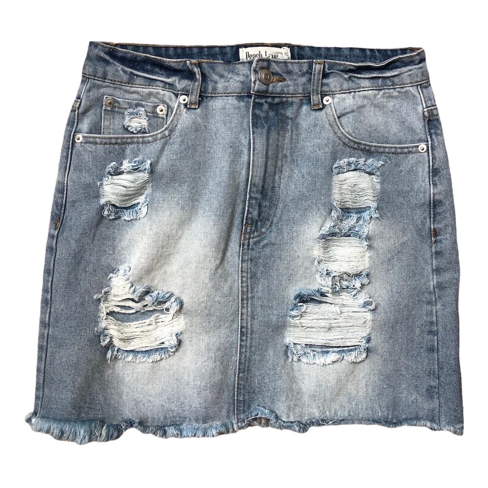 Peach Love California Distressed Denim Jean Mini Skirt Women’s Medium NWT